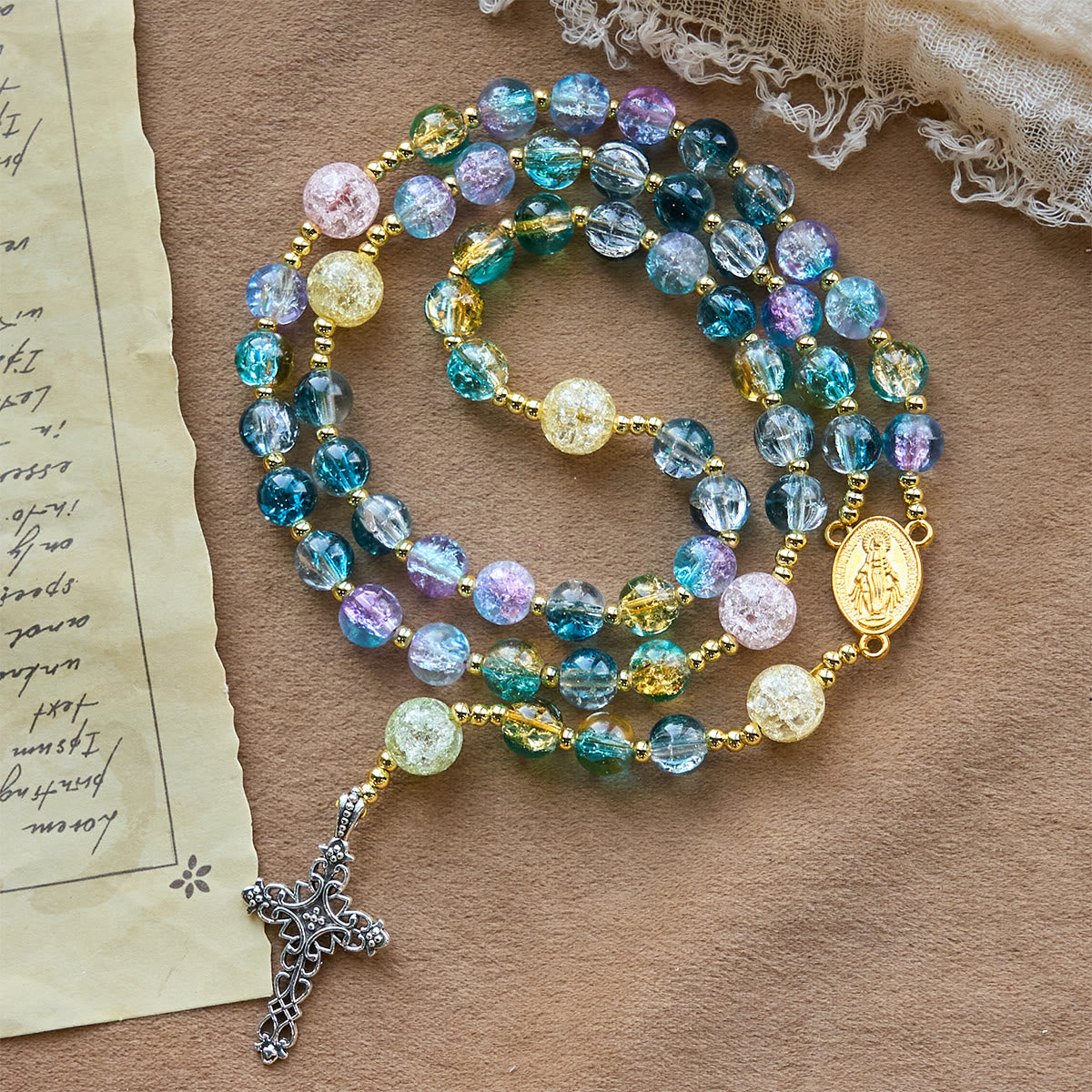 FREE Today: Miraculous Medal & Celtic Cross of 8 mm Round Multicolor Glass Alloy Chain Rosary