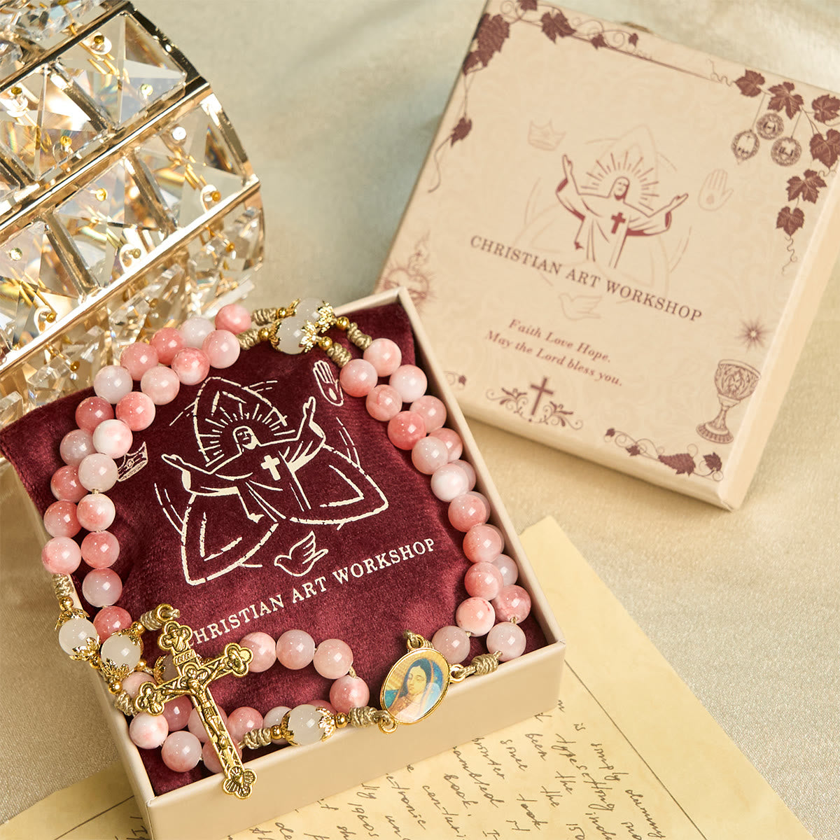 Christianartworkshop Handmade Pink Glossy Beads Rosary with Brass Crucifix and Our Lady Charm