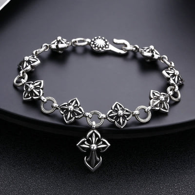 Christianartworkshop Retro - Styled Sterling Silver Cross Bracelet with Floral Motifs: A Nostalgic Sign of Faith