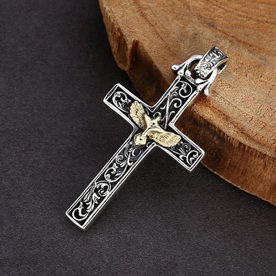 Christianartworkshop Intricate Sterling Silver Cross Necklace with Golden Dove: An Exquisite Blend of Detail and Devotion