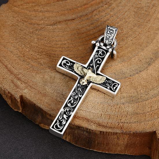 Christianartworkshop Intricate Sterling Silver Cross Necklace with Golden Dove: An Exquisite Blend of Detail and Devotion