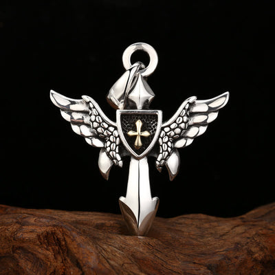 Christianartworkshop Artistic Winged Silver Cross Pendant with Shield Detail: A Unique Blend of Art and Belief