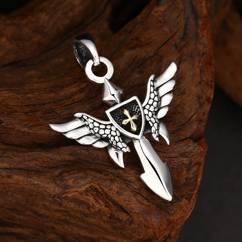 Christianartworkshop Artistic Winged Silver Cross Pendant with Shield Detail: A Unique Blend of Art and Belief