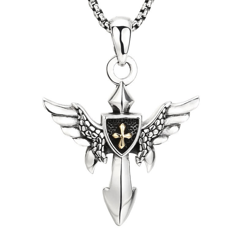 Christianartworkshop Artistic Winged Silver Cross Pendant with Shield Detail: A Unique Blend of Art and Belief
