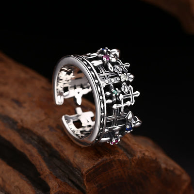 Christianartworkshop Gothic - Inspired Silver Crown Cross Ring with Zircon: A Bold Expression of Spiritual Reverence