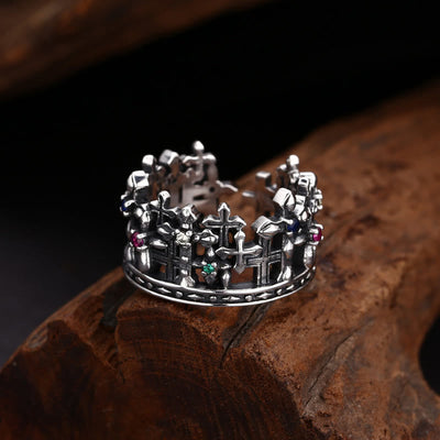 Christianartworkshop Gothic - Inspired Silver Crown Cross Ring with Zircon: A Bold Expression of Spiritual Reverence