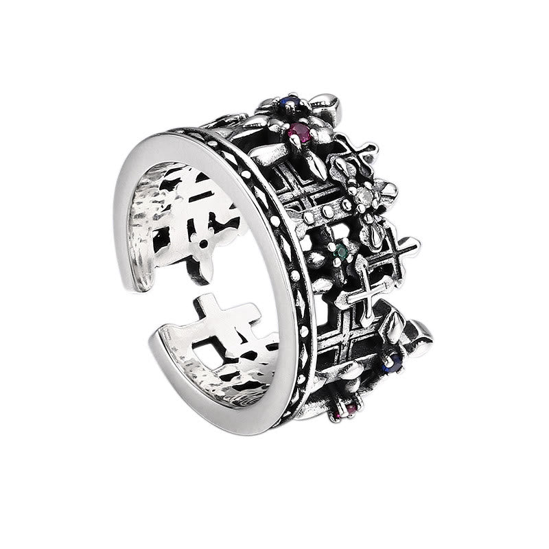 Christianartworkshop Gothic - Inspired Silver Crown Cross Ring with Zircon: A Bold Expression of Spiritual Reverence