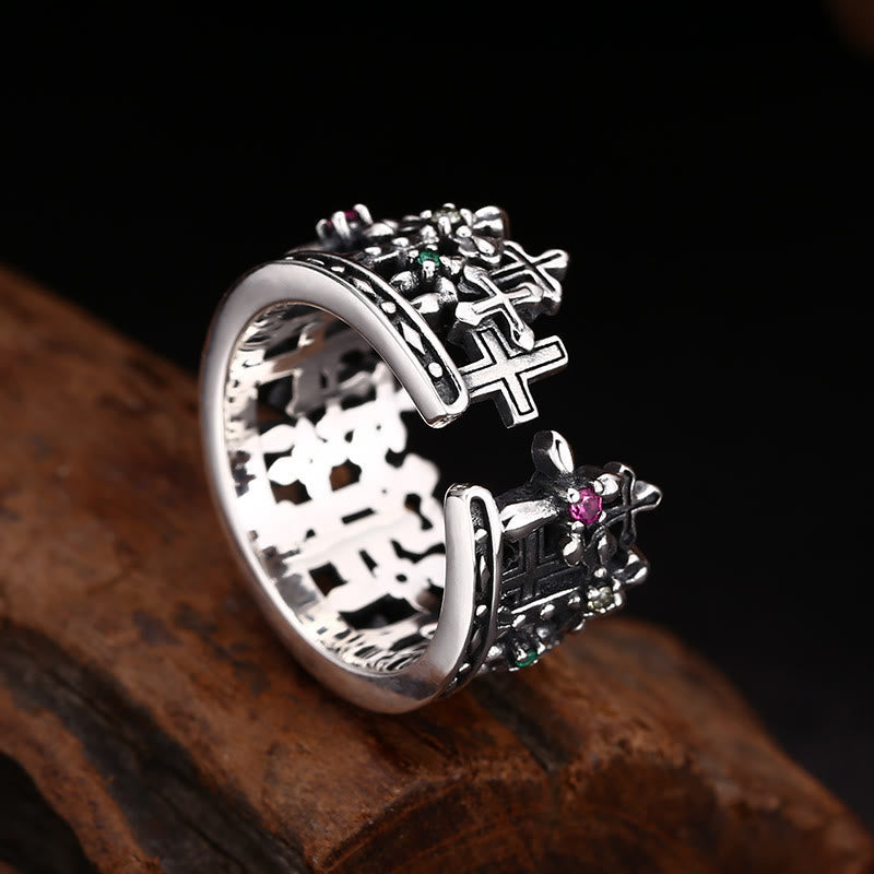 Christianartworkshop Gothic - Inspired Silver Crown Cross Ring with Zircon: A Bold Expression of Spiritual Reverence