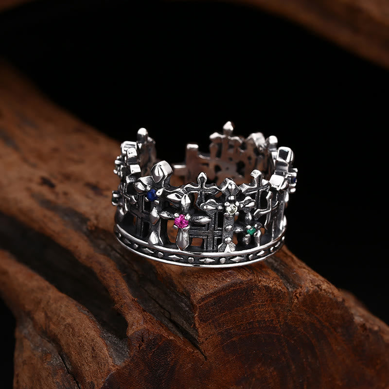 Christianartworkshop Gothic - Inspired Silver Crown Cross Ring with Zircon: A Bold Expression of Spiritual Reverence