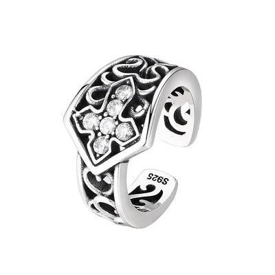 Christianartworkshop Handcrafted 925 Silver Open Cross Ring with Zircon: A Rare Fusion of Craftsmanship and Faith