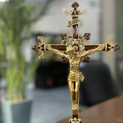 Christianartworkshop INRI Inscribed Crucifix Desktop Ornament with Ornate Craftsmanship