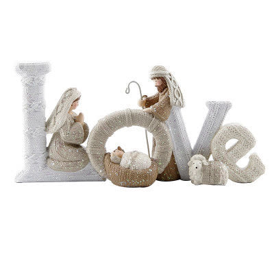 Christianartworkshop Beige Glitter Letter Series Nativity Scene Christmas Resin Decor Statue