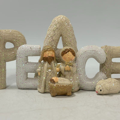 Christianartworkshop Beige Glitter Letter Series Nativity Scene Christmas Resin Decor Statue