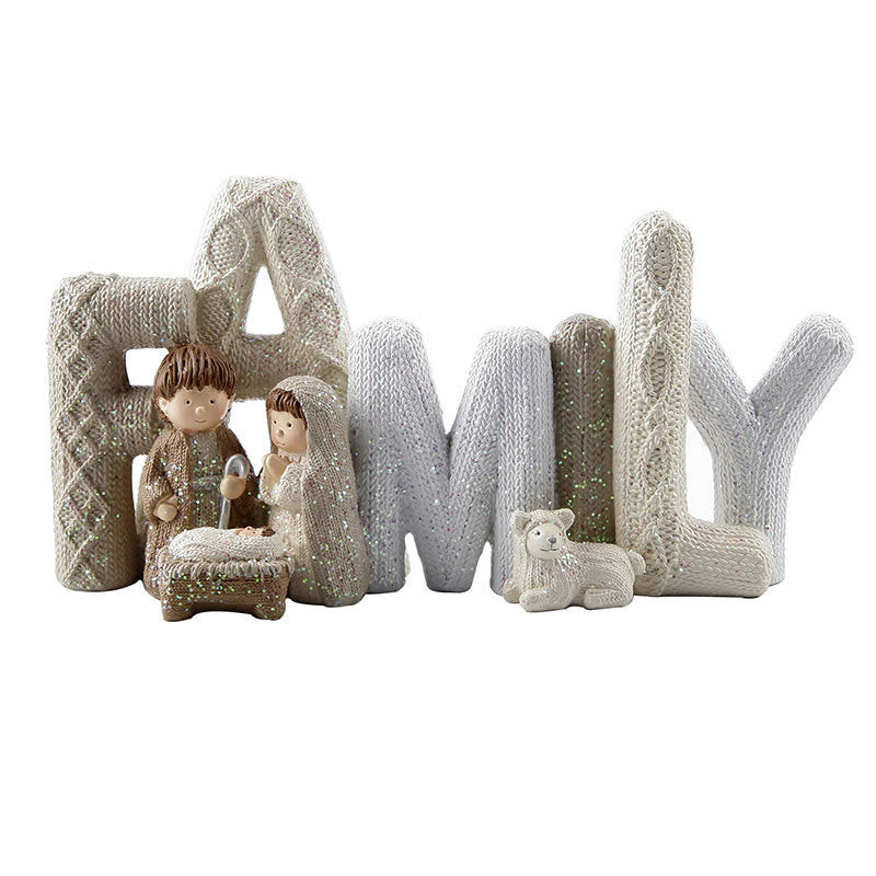 Christianartworkshop Beige Glitter Letter Series Nativity Scene Christmas Resin Decor Statue