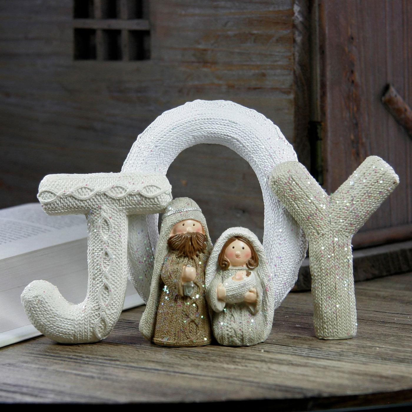 Christianartworkshop Beige Glitter Letter Series Nativity Scene Christmas Resin Decor Statue