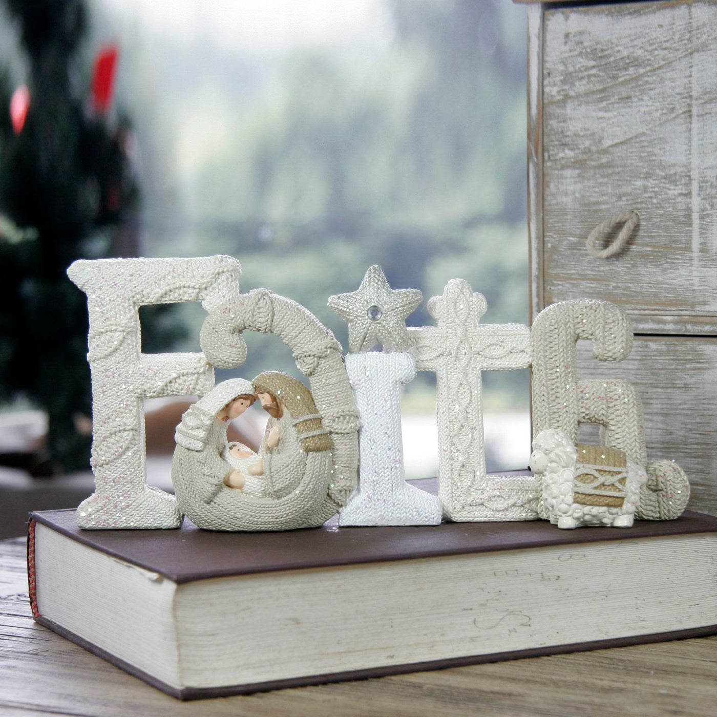 Christianartworkshop Beige Glitter Letter Series Nativity Scene Christmas Resin Decor Statue