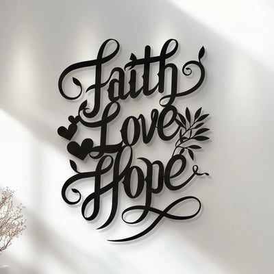 Christianartworkshop Faith Love Hope Script Metal Wall Decor with Heart & Leaf Accents