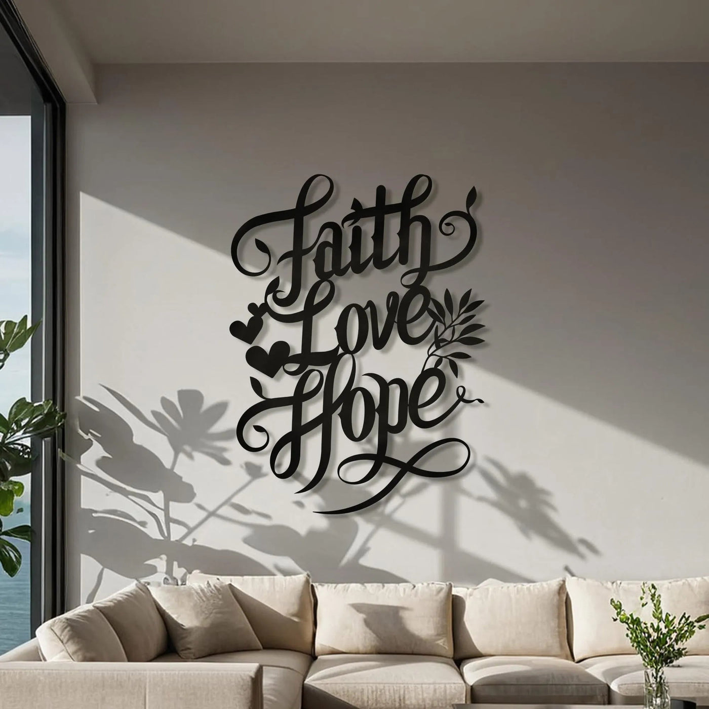 Christianartworkshop Faith Love Hope Script Metal Wall Decor with Heart & Leaf Accents