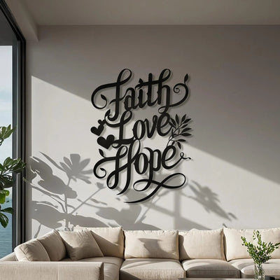 Christianartworkshop Faith Love Hope Script Metal Wall Decor with Heart & Leaf Accents