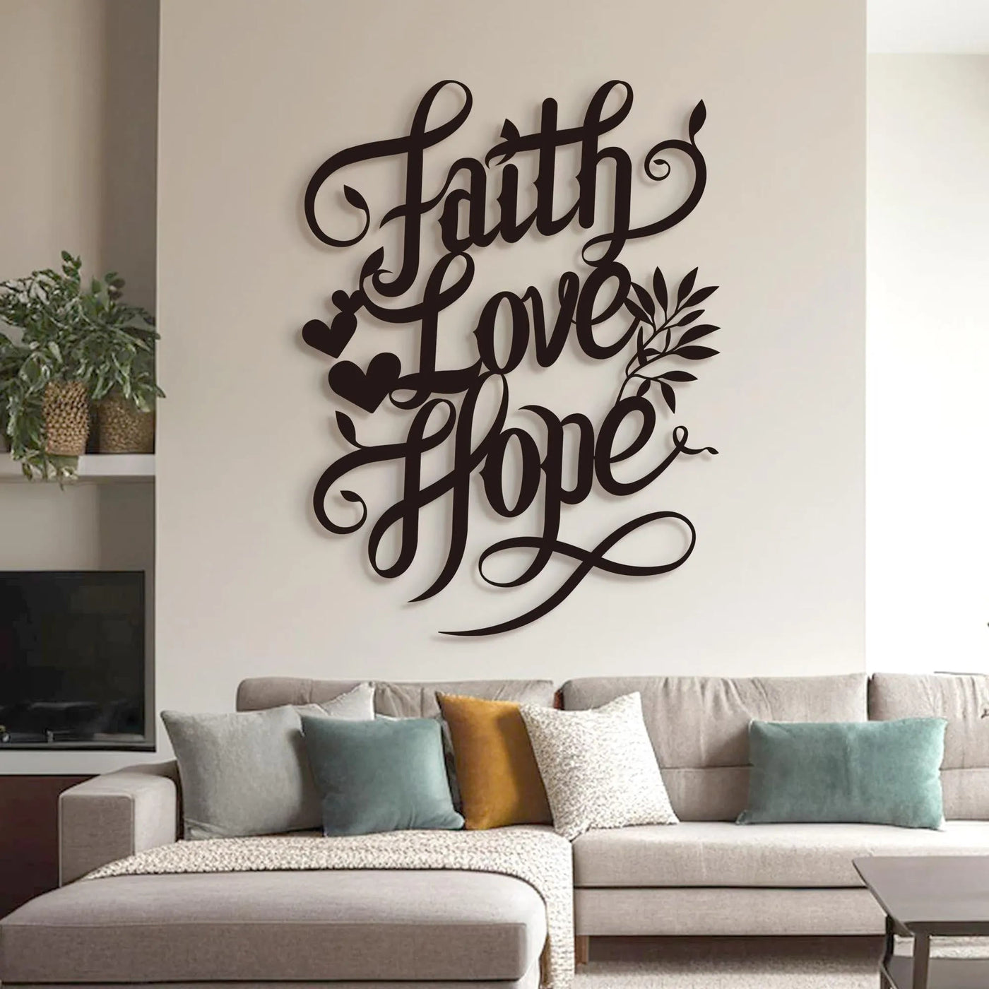 Christianartworkshop Faith Love Hope Script Metal Wall Decor with Heart & Leaf Accents