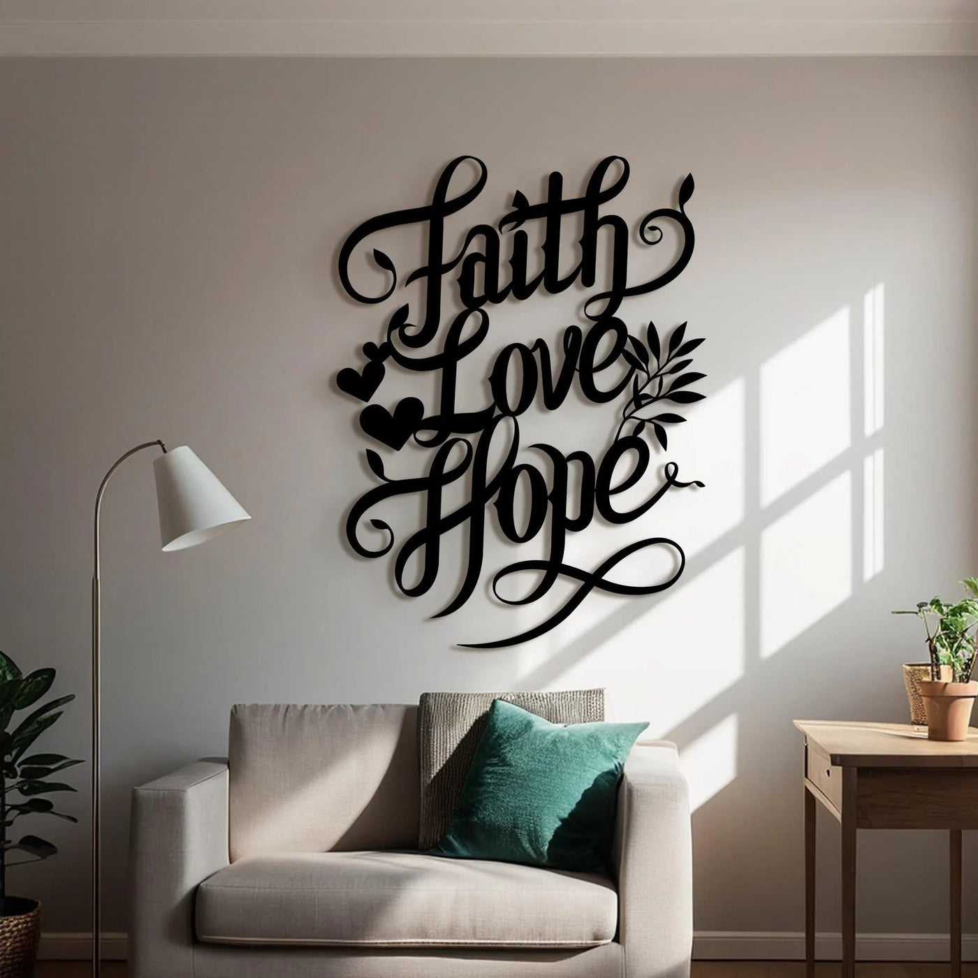 Christianartworkshop Faith Love Hope Script Metal Wall Decor with Heart & Leaf Accents