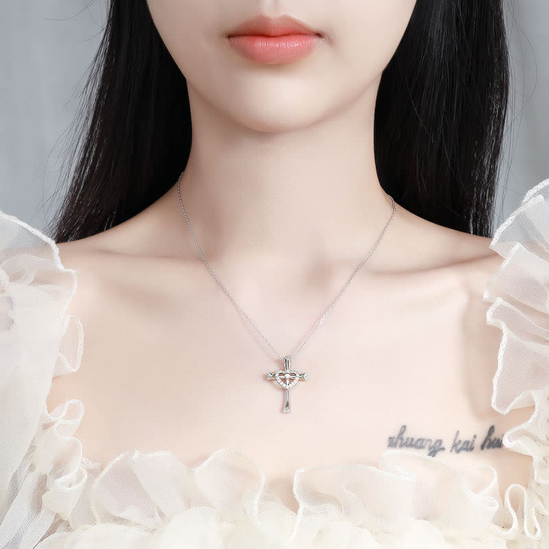 Christianartworkshop 925 Silver Cross & Heart Zircon Necklace: Faith Meets Love in Sparkle