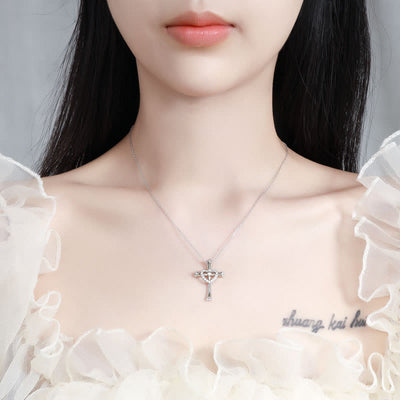 Christianartworkshop 925 Silver Cross & Heart Zircon Necklace: Faith Meets Love in Sparkle