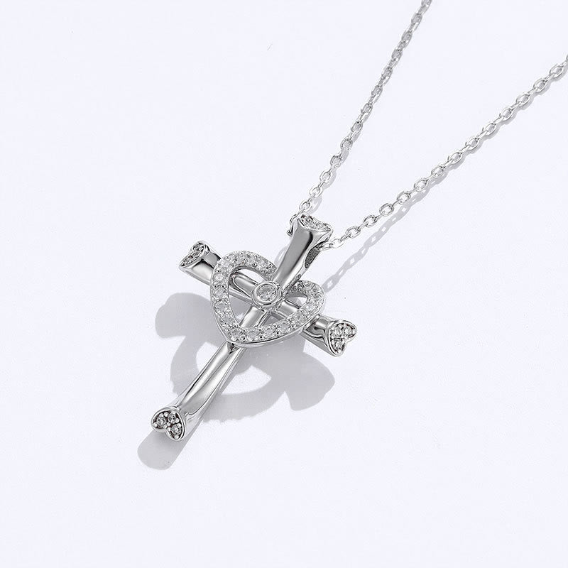 Christianartworkshop 925 Silver Cross & Heart Zircon Necklace: Faith Meets Love in Sparkle