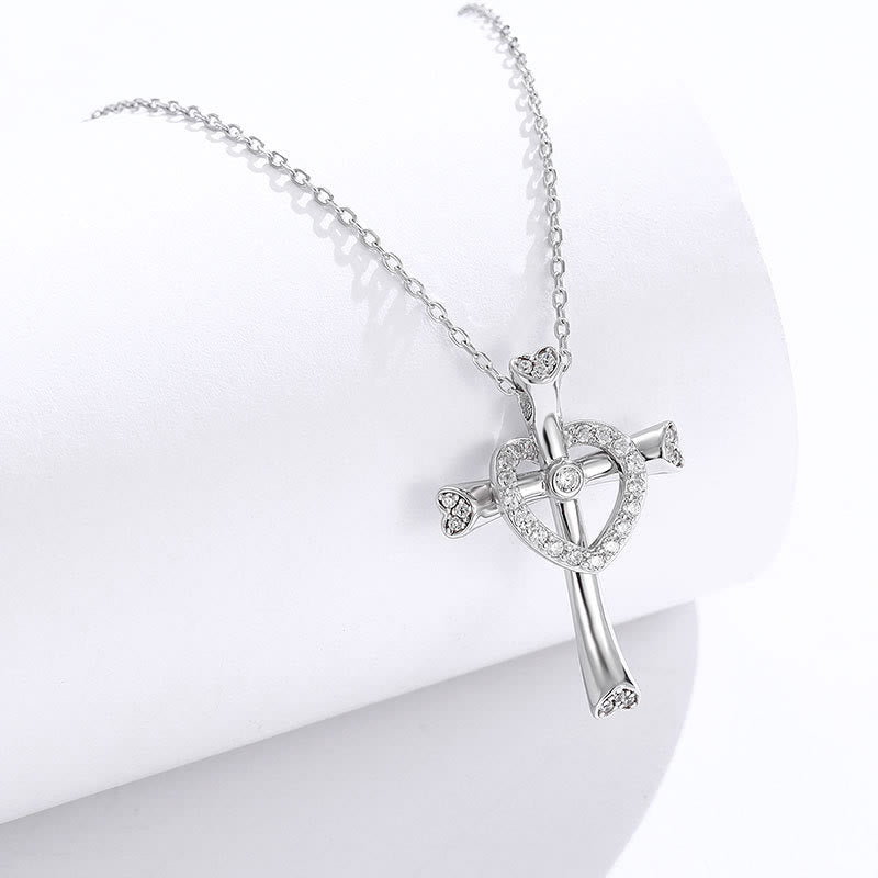 Christianartworkshop 925 Silver Cross & Heart Zircon Necklace: Faith Meets Love in Sparkle