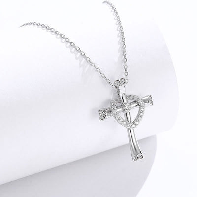 Christianartworkshop 925 Silver Cross & Heart Zircon Necklace: Faith Meets Love in Sparkle