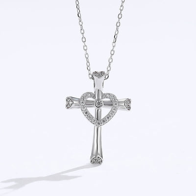 Christianartworkshop 925 Silver Cross & Heart Zircon Necklace: Faith Meets Love in Sparkle