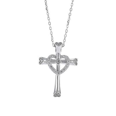 Christianartworkshop 925 Silver Cross & Heart Zircon Necklace: Faith Meets Love in Sparkle