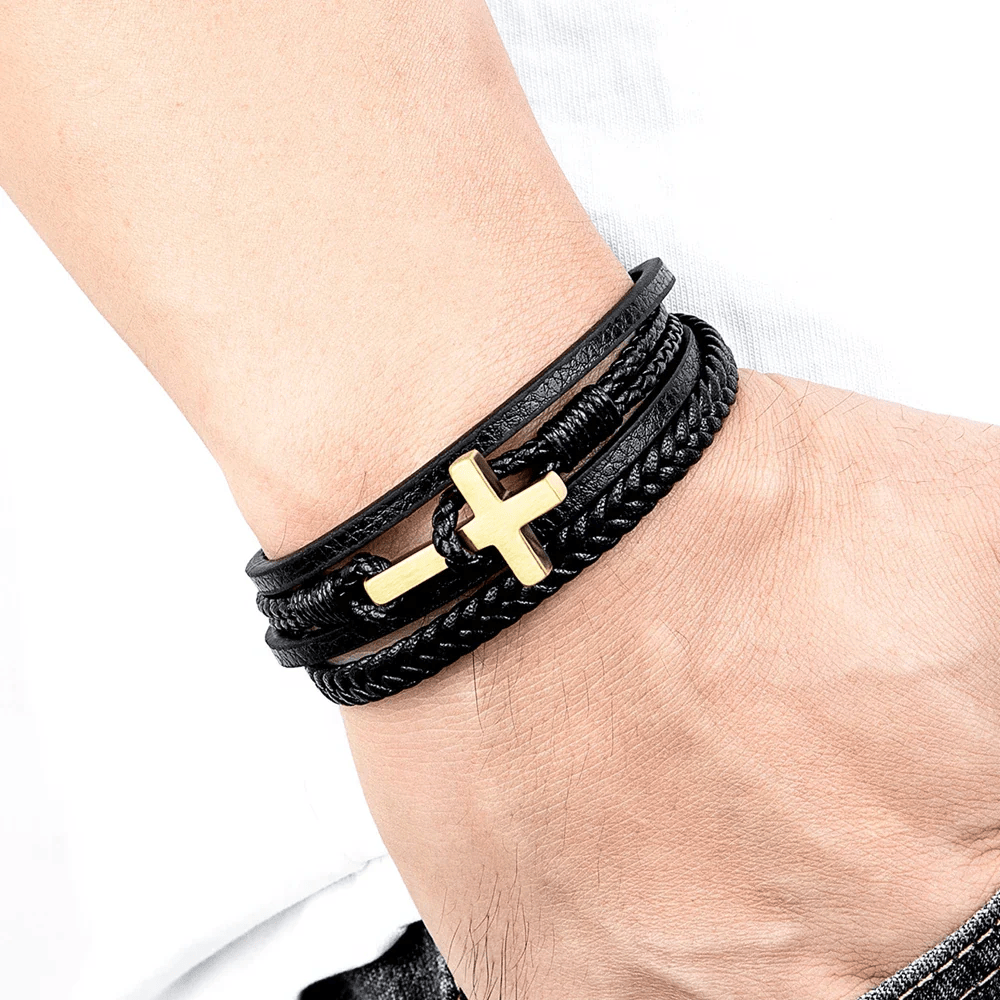 FREE Today: Tri - Color Stainless Steel Cross & Braided Leather Fashion Bracelet