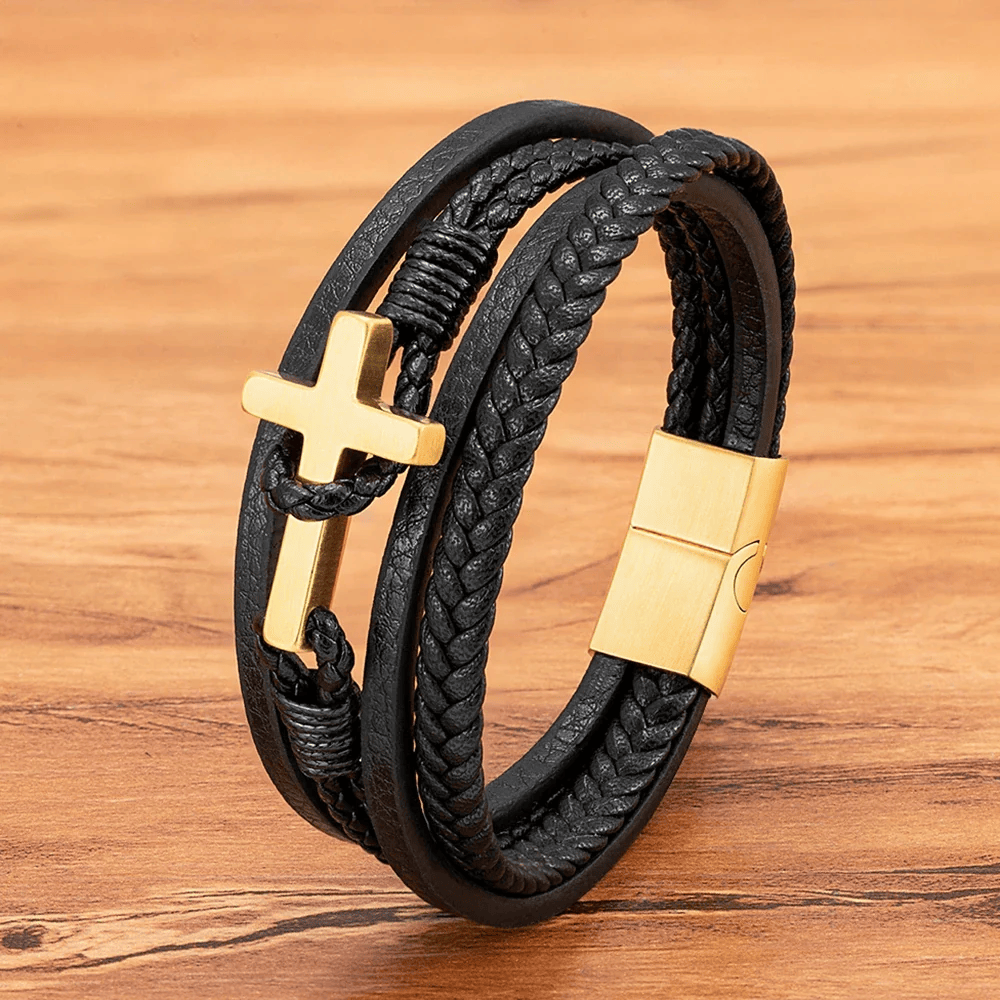FREE Today: Tri - Color Stainless Steel Cross & Braided Leather Fashion Bracelet