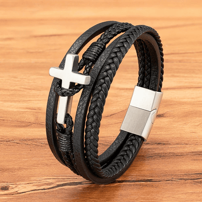FREE Today: Tri - Color Stainless Steel Cross & Braided Leather Fashion Bracelet