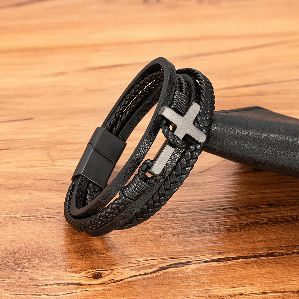 FREE Today: Tri - Color Stainless Steel Cross & Braided Leather Fashion Bracelet