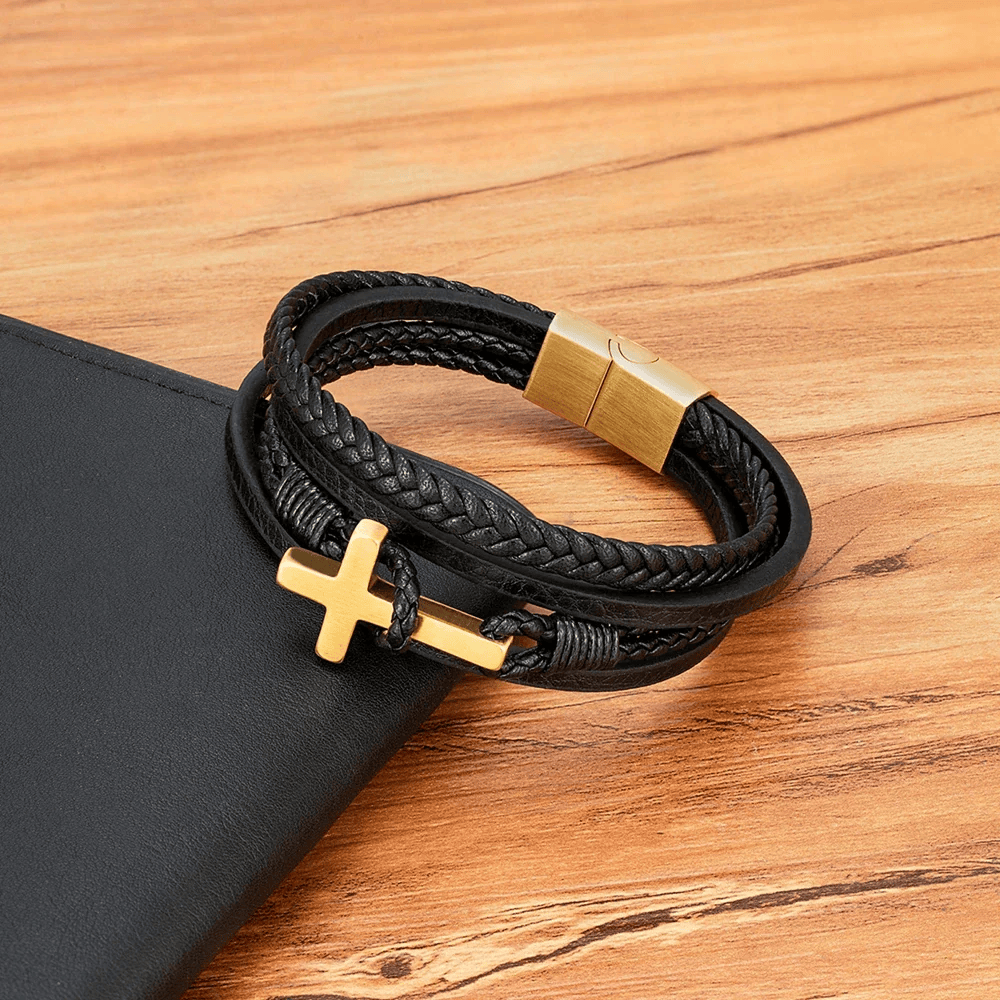 FREE Today: Tri - Color Stainless Steel Cross & Braided Leather Fashion Bracelet