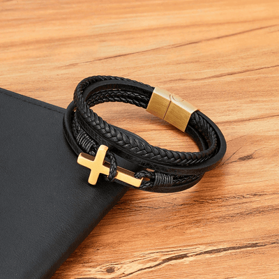 FREE Today: Tri - Color Stainless Steel Cross & Braided Leather Fashion Bracelet