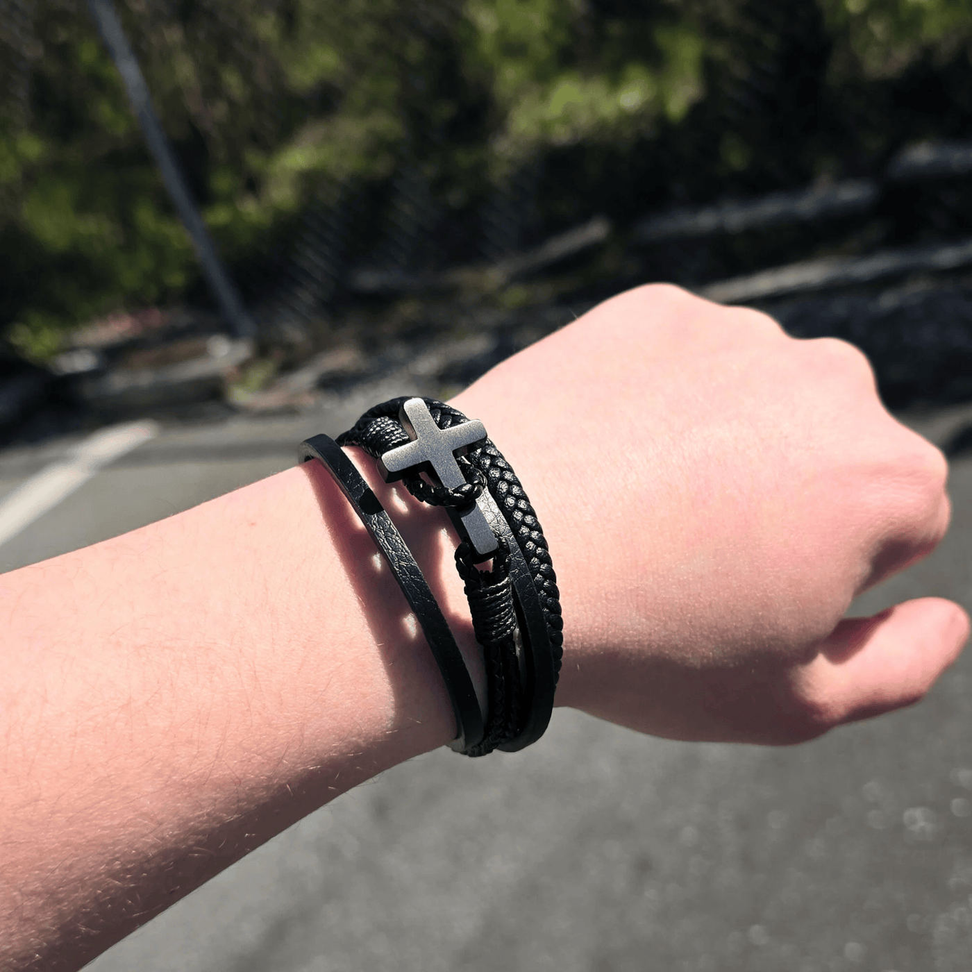 FREE Today: Tri - Color Stainless Steel Cross & Braided Leather Fashion Bracelet