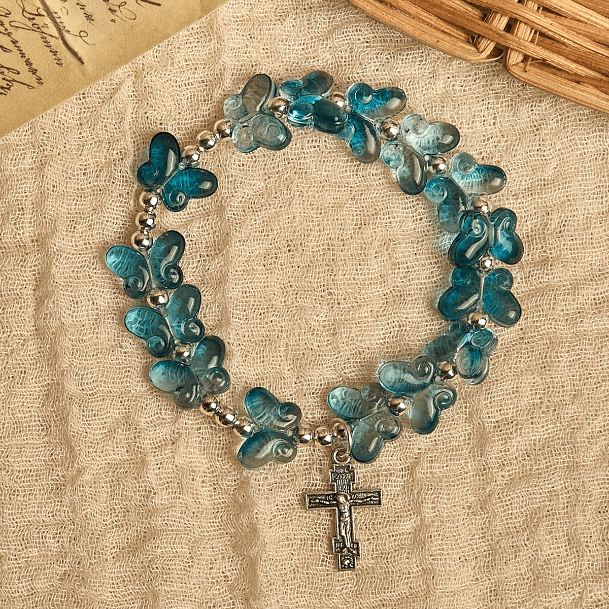 Christianartworkshop Wings of Devotion Shimmering Blue Butterfly Prayer Bracelet, Animal Rosary
