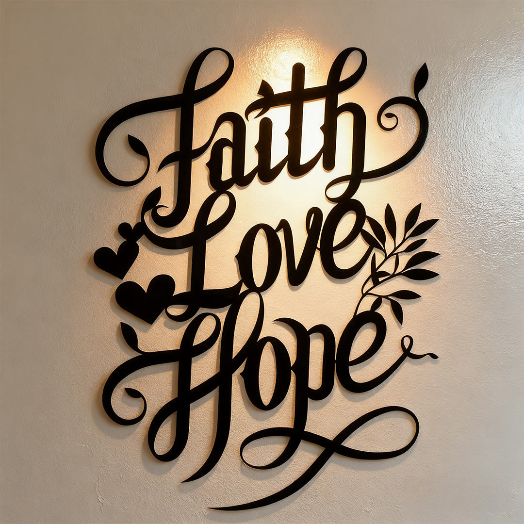 Christianartworkshop Faith Love Hope Script Metal Wall Decor with Heart & Leaf Accents