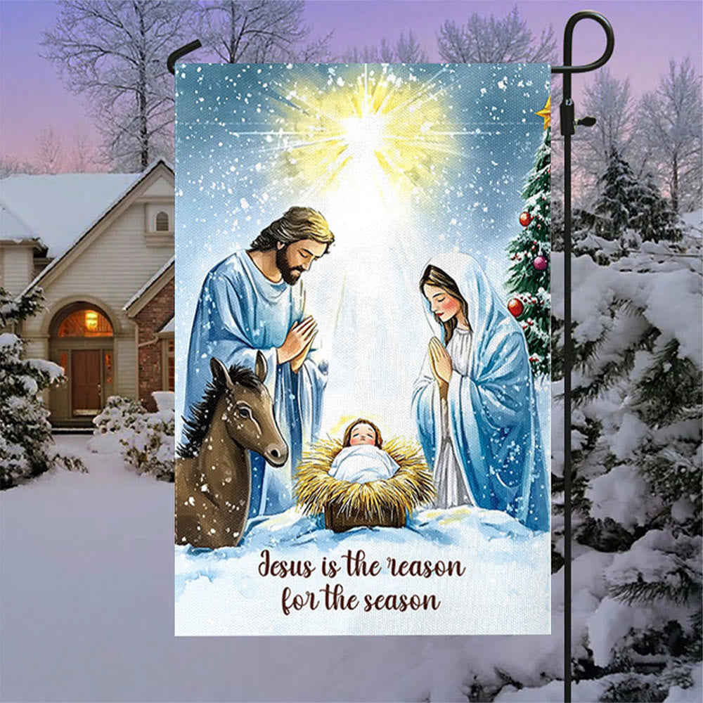 Christianartworkshop Rustic Style Nativity Scene Garden Flag with Holy Family: Embrace Christ's Miracle