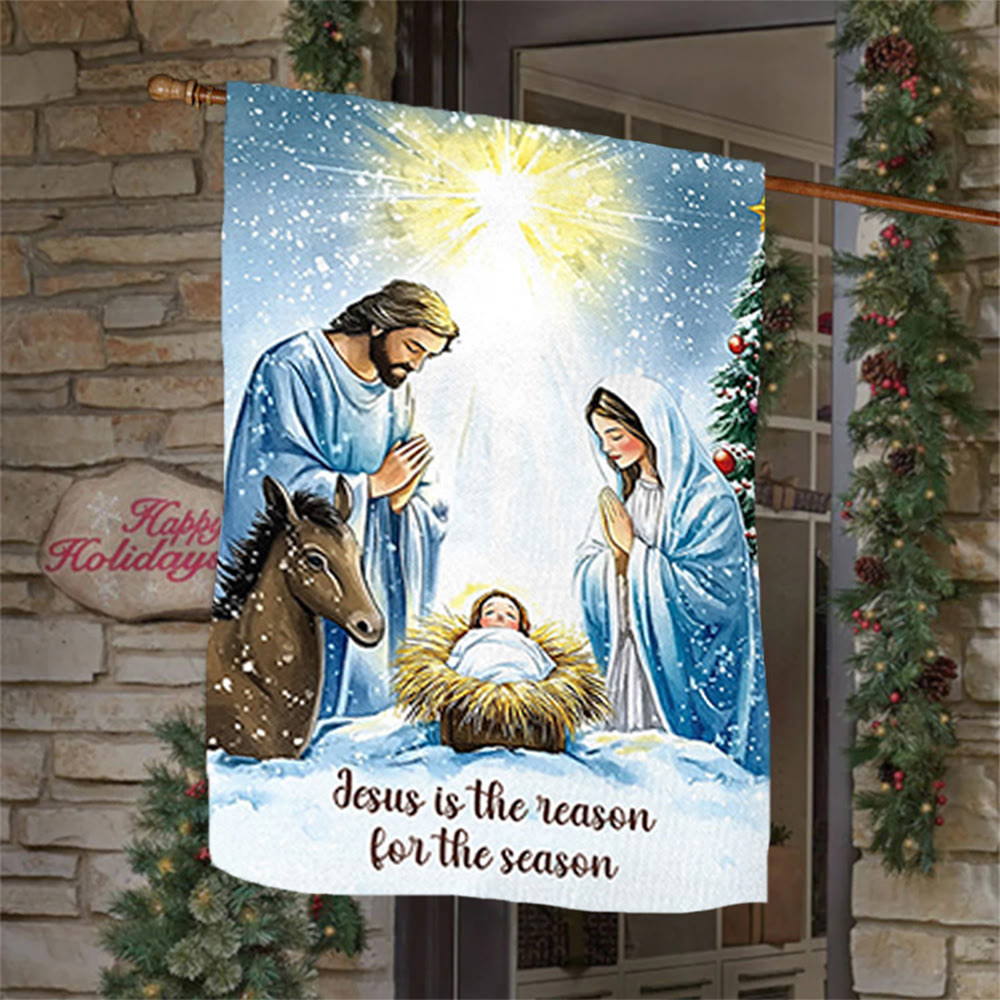 Christianartworkshop Rustic Style Nativity Scene Garden Flag with Holy Family: Embrace Christ's Miracle