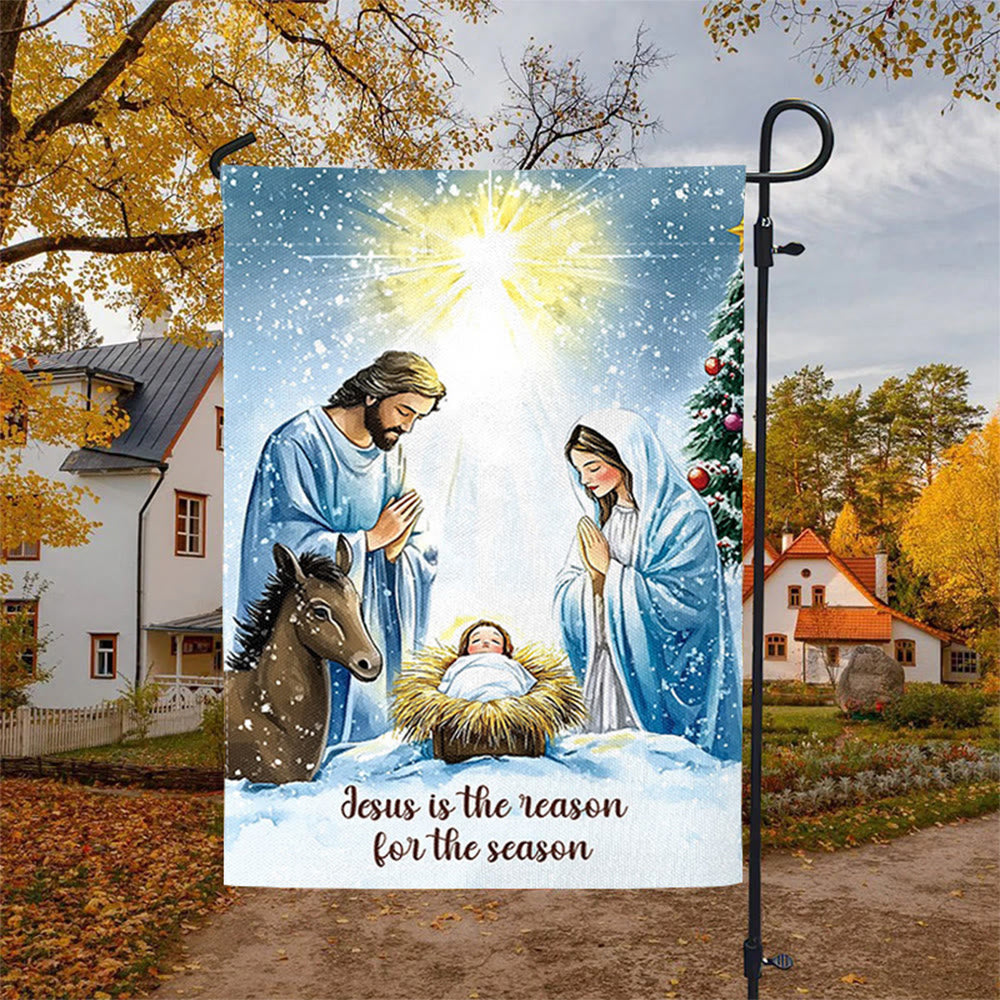 Christianartworkshop Rustic Style Nativity Scene Garden Flag with Holy Family: Embrace Christ's Miracle