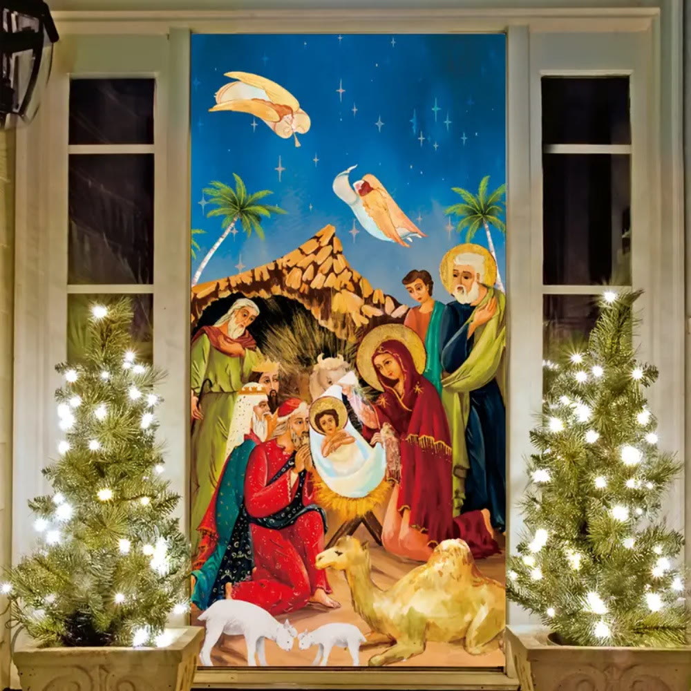 Christianartworkshop Vibrant Nativity Scene Door Curtain: Angels, Wise Men & Holy Family