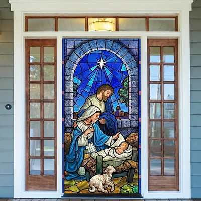 Christianartworkshop Blue - Toned Stained Glass Nativity Door Curtain: Holy Family & Lamb