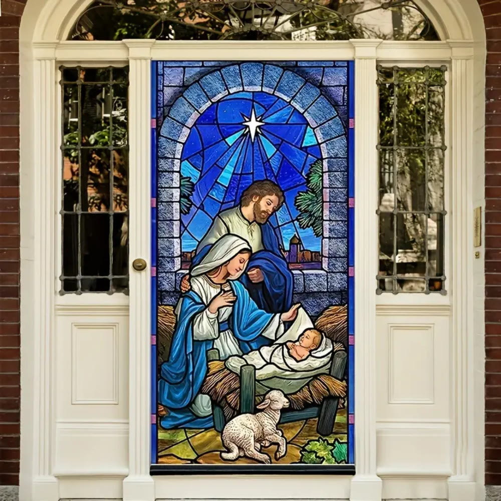 Christianartworkshop Blue - Toned Stained Glass Nativity Door Curtain: Holy Family & Lamb