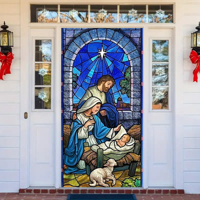 Christianartworkshop Blue - Toned Stained Glass Nativity Door Curtain: Holy Family & Lamb