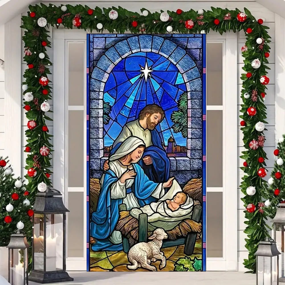 Christianartworkshop Blue - Toned Stained Glass Nativity Door Curtain: Holy Family & Lamb
