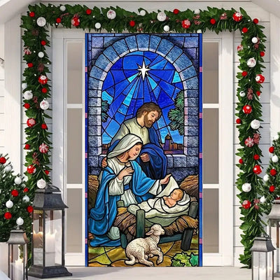 Christianartworkshop Blue - Toned Stained Glass Nativity Door Curtain: Holy Family & Lamb